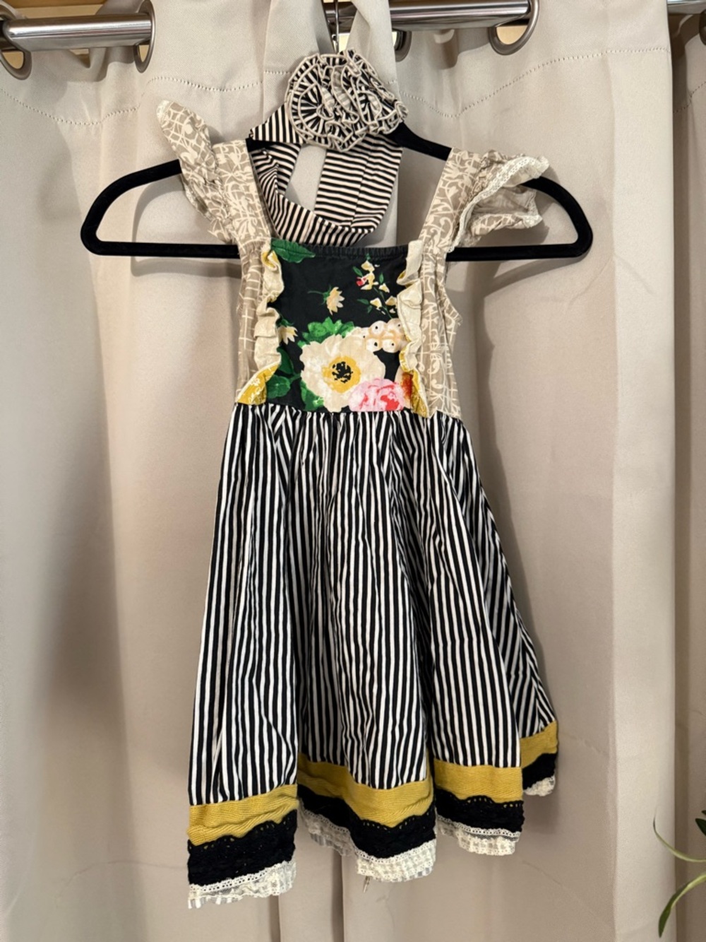 Mustard Pie Beige Floral Print Jacket with Black & White Striped Collar